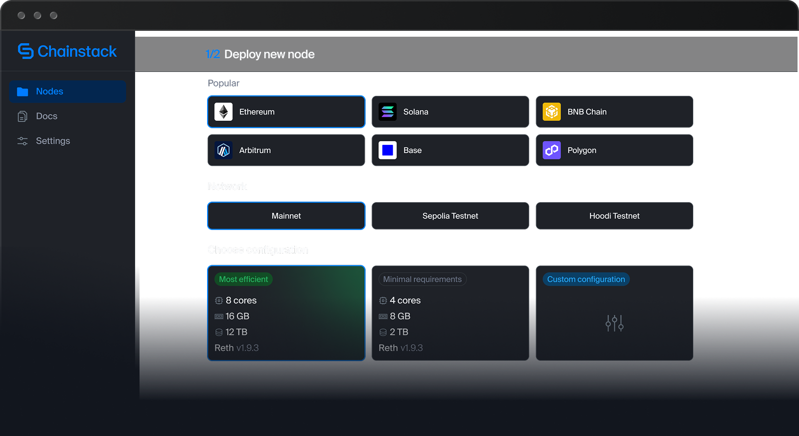 Chainstack Self-Hosted node deployment wizard