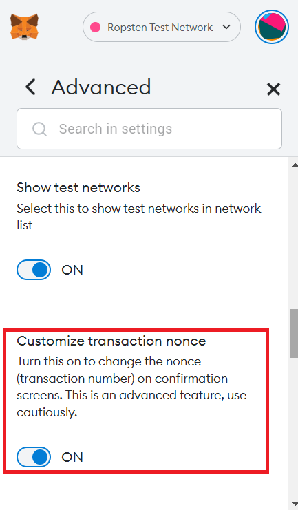 Metamask advanced settings. Customize nonce