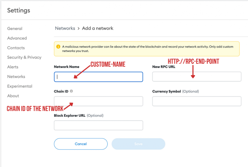 Metamask new network details window