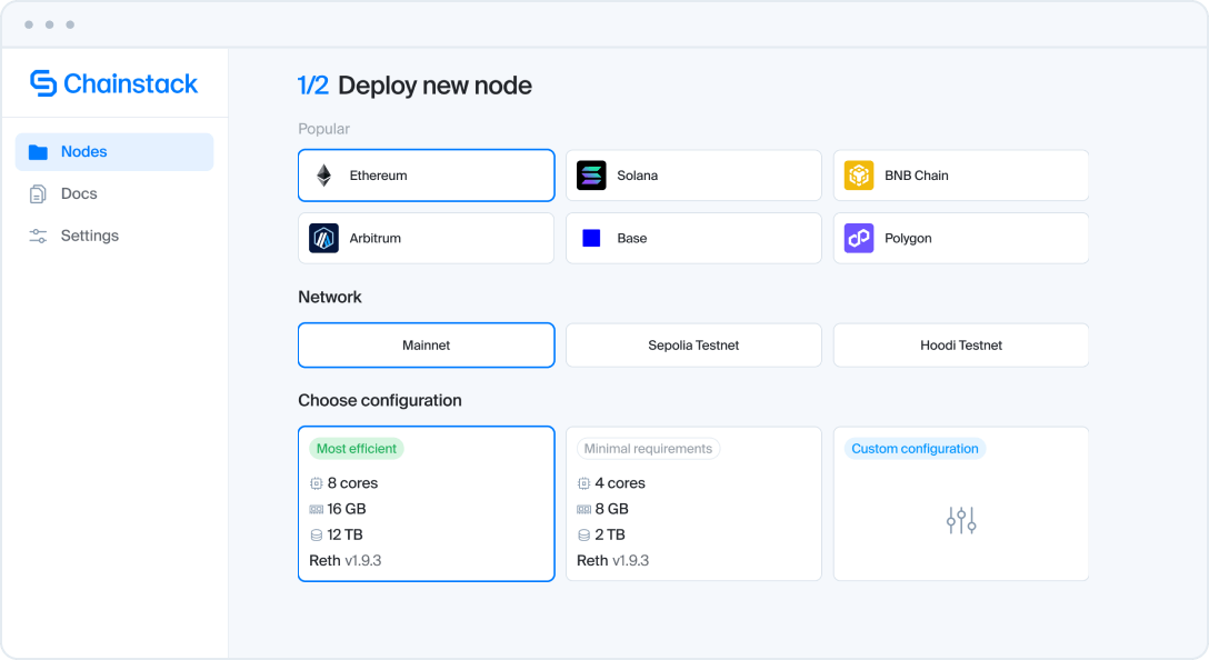 Chainstack Self-Hosted control panel showing Ethereum node deployment on user-owned infrastructure