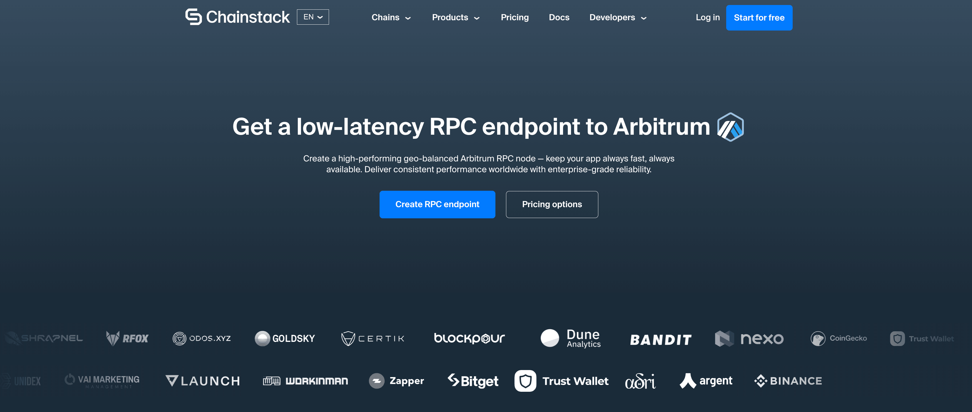 Chainstack Arbitrum dashboard showing archive node deployment with debug and trace API access