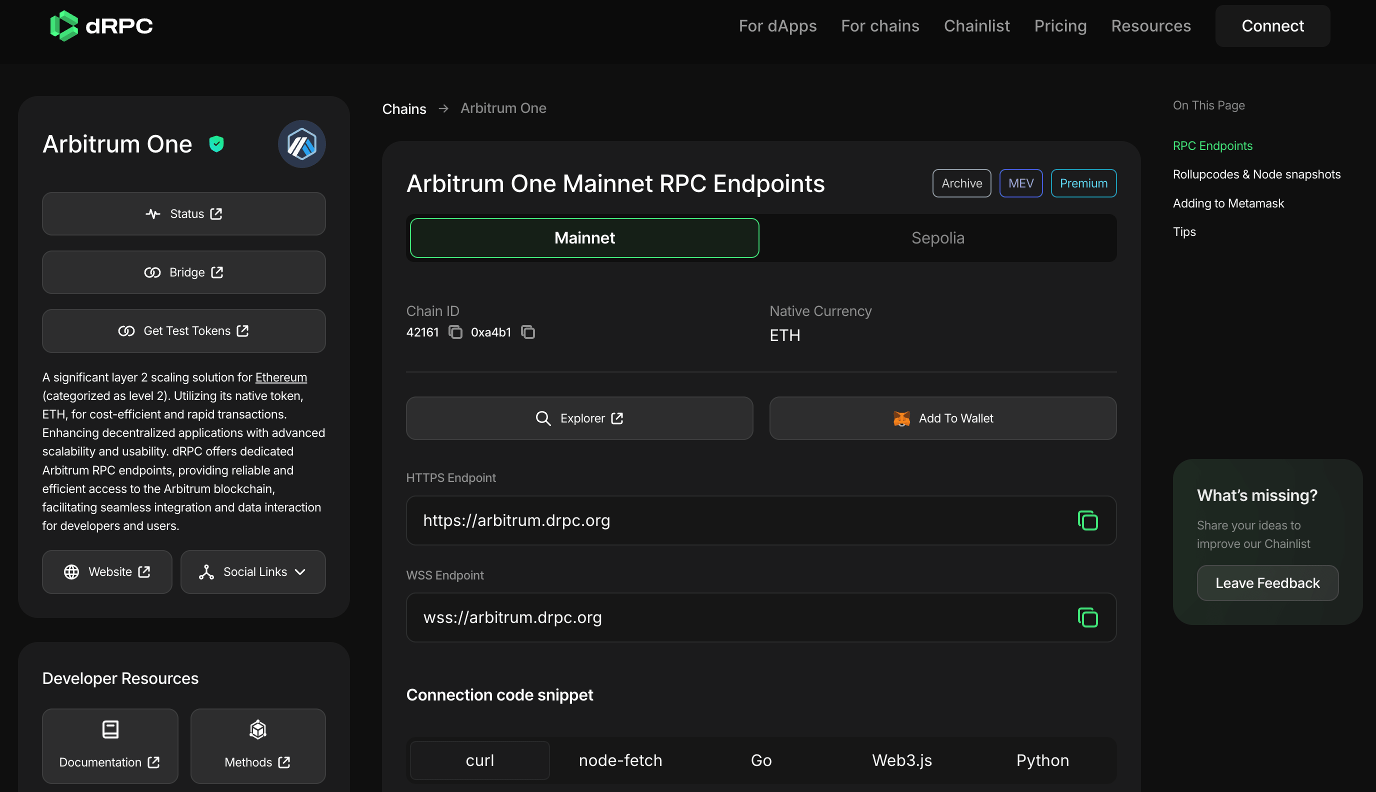 dRPC Arbitrum endpoint showing flat $6 per million requests pricing model