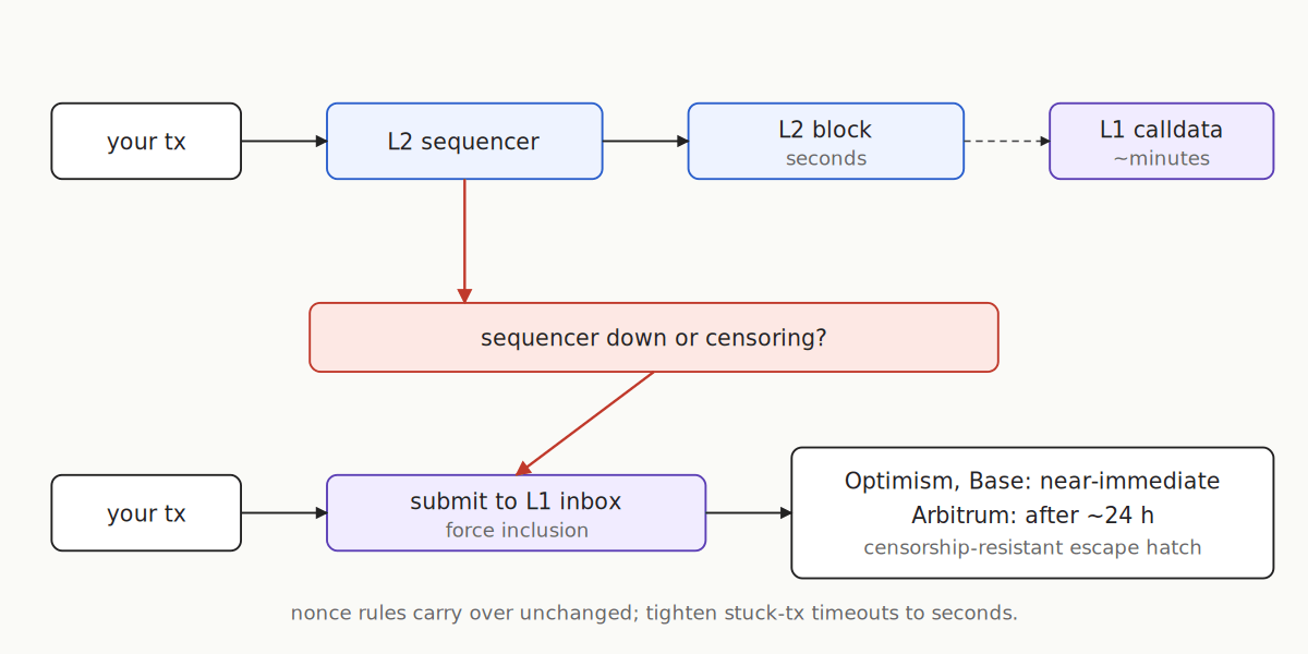 Diagram showing L2 transaction flow: sequencer to L2 block in seconds, with force inclusion fallback to L1 inbox for censorship resistance