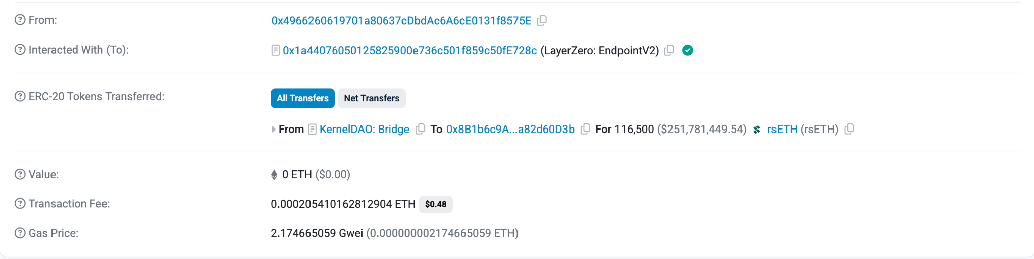 Etherscan transaction details showing the Kelp DAO rsETH exploit — 116,500 rsETH transferred from KelpDAO Bridge to attacker's wallet on Ethereum