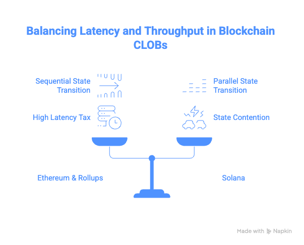 Diagram comparing Ethereum and Rollups (sequential state transition, high latency tax) against Solana (parallel state transition, state contention) for blockchain CLOB performance