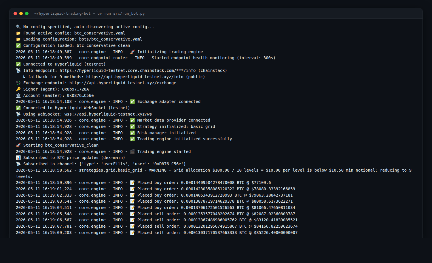 Chainstack hyperliquid-trading-bot running on testnet — terminal shows config auto-discovery, Chainstack endpoint connection, WebSocket subscribe, and BTC grid orders placed from $77k to $85k
