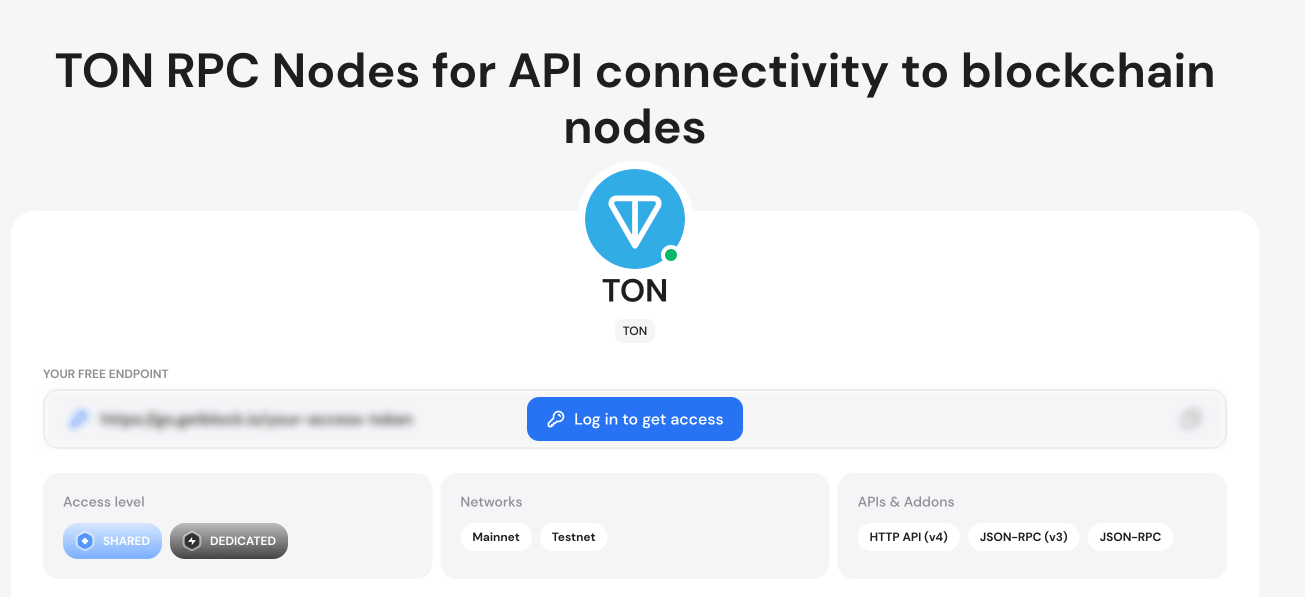 GetBlock: GetBlock TON node endpoint selection showing JSON-RPC and JSON-RPC v2 API types with regional options
