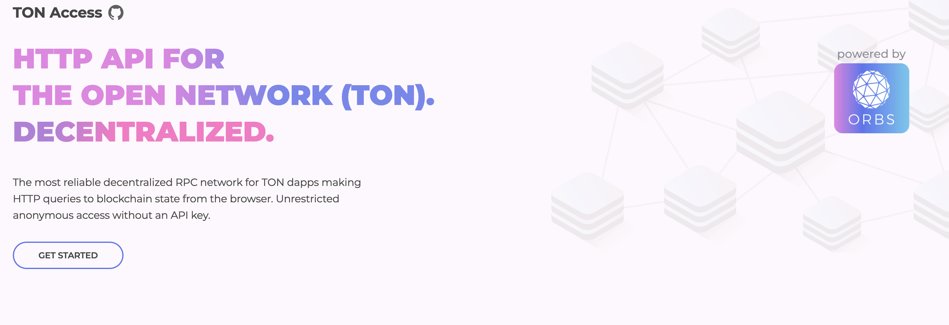 Orbs TON Access: Orbs TON Access decentralized RPC gateway showing keyless endpoint URLs for HTTP v2 and v4 APIs