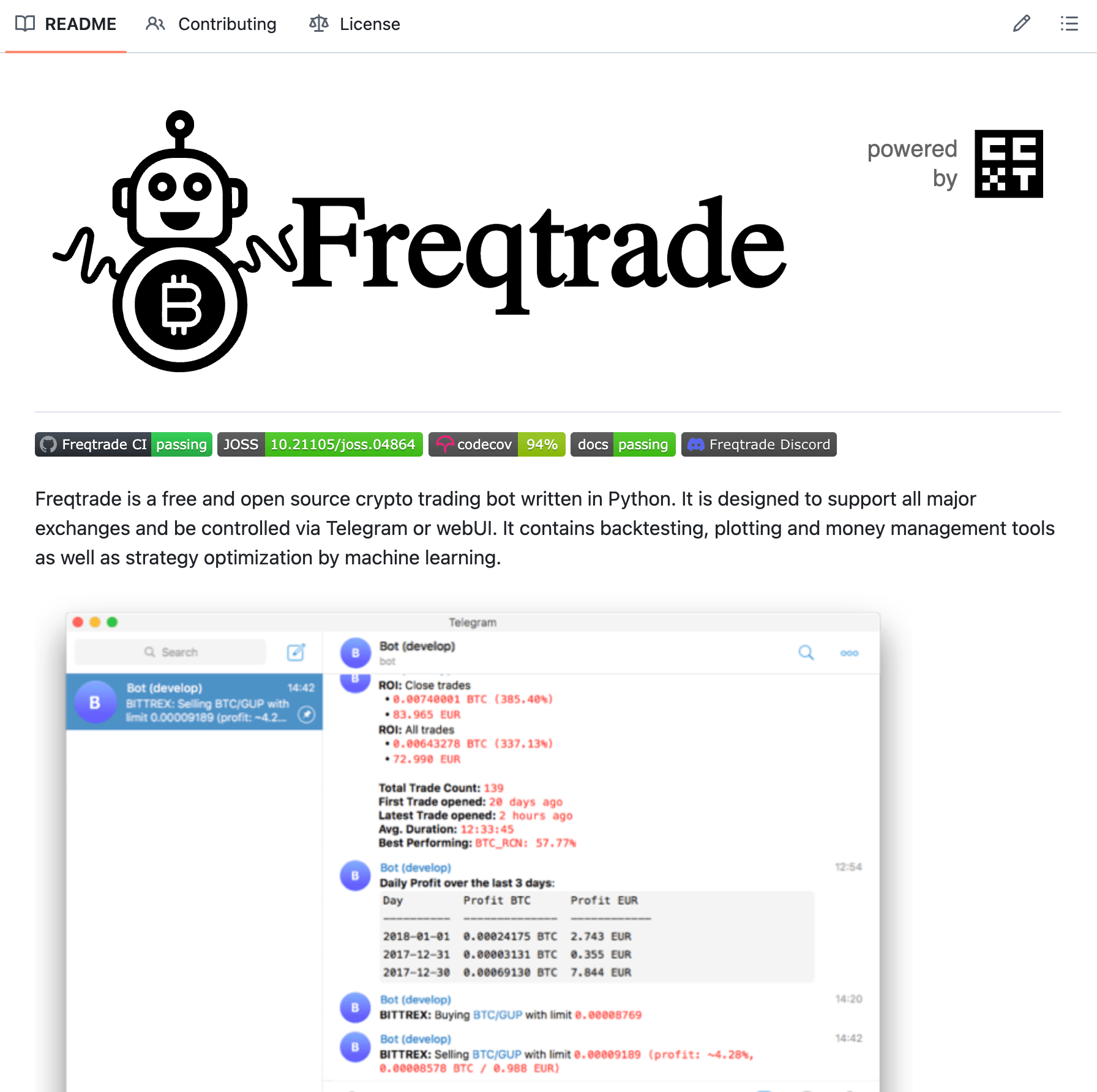 Freqtrade GitHub README — open source crypto trading bot with backtesting and Hyperliquid support via CCXT
