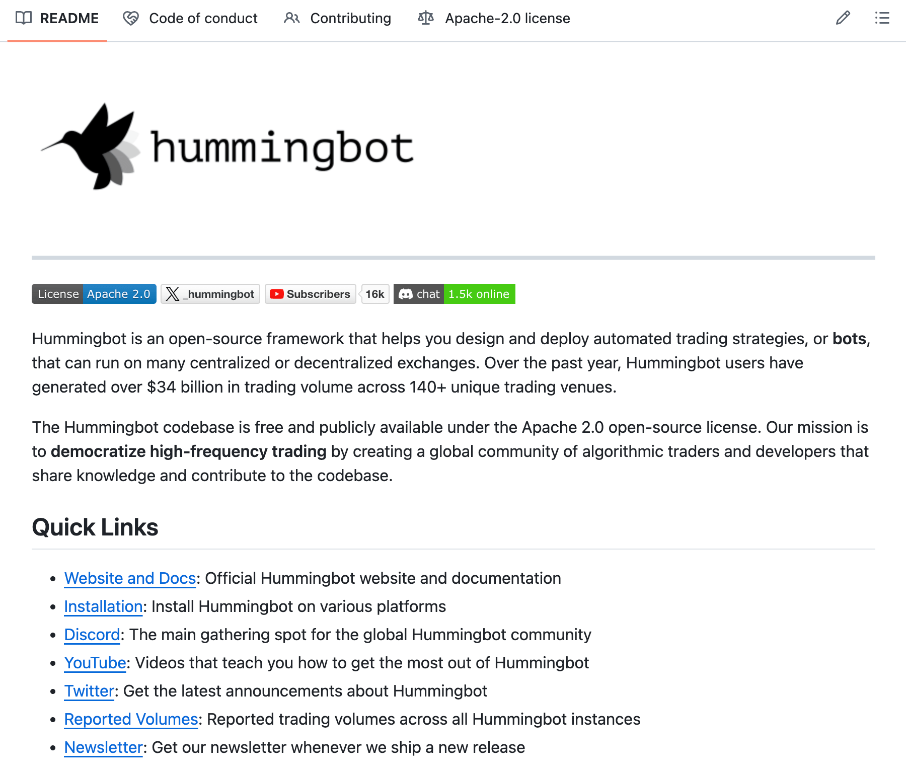 Hummingbot GitHub README — open source market making framework with Hyperliquid connector
