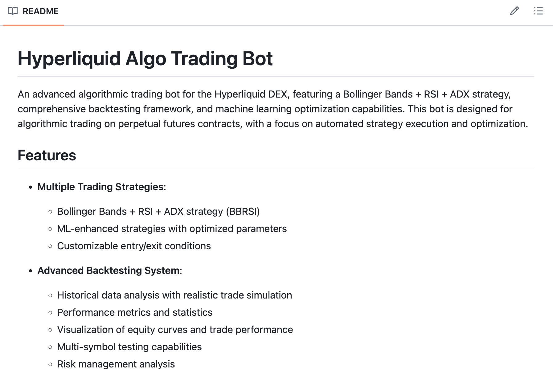 HyperLiquidAlgoBot GitHub README — JavaScript algorithmic trading bot for Hyperliquid with Bollinger Bands RSI ADX strategy
