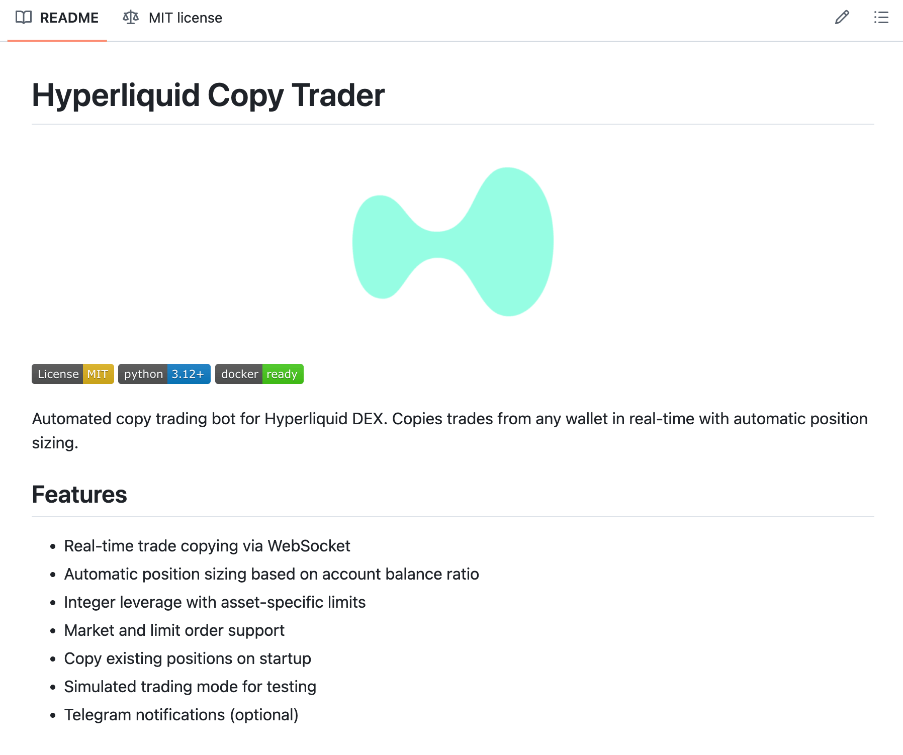 Hyperliquid Copy Trader GitHub README — automated wallet mirroring copy trading bot with proportional position sizing