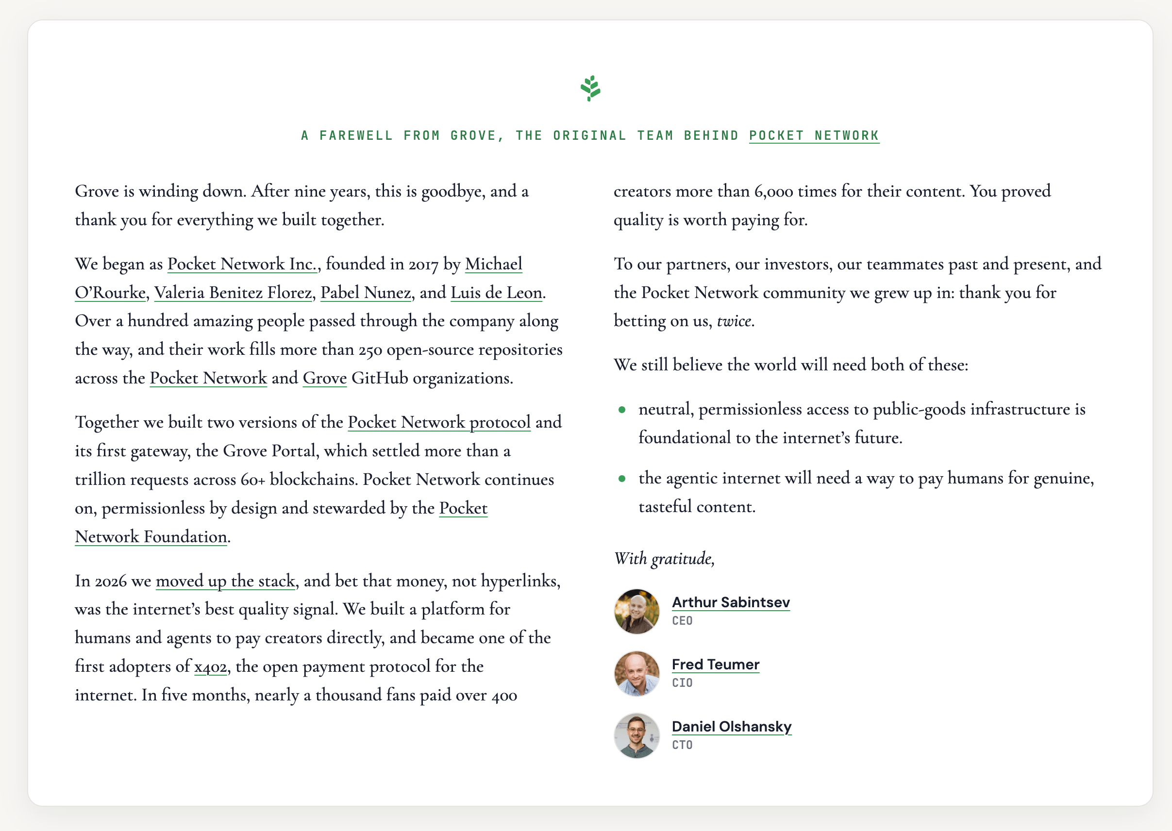 Grove.city homepage in July 2026 showing the company's farewell note after winding down its Pocket Network gateway operations