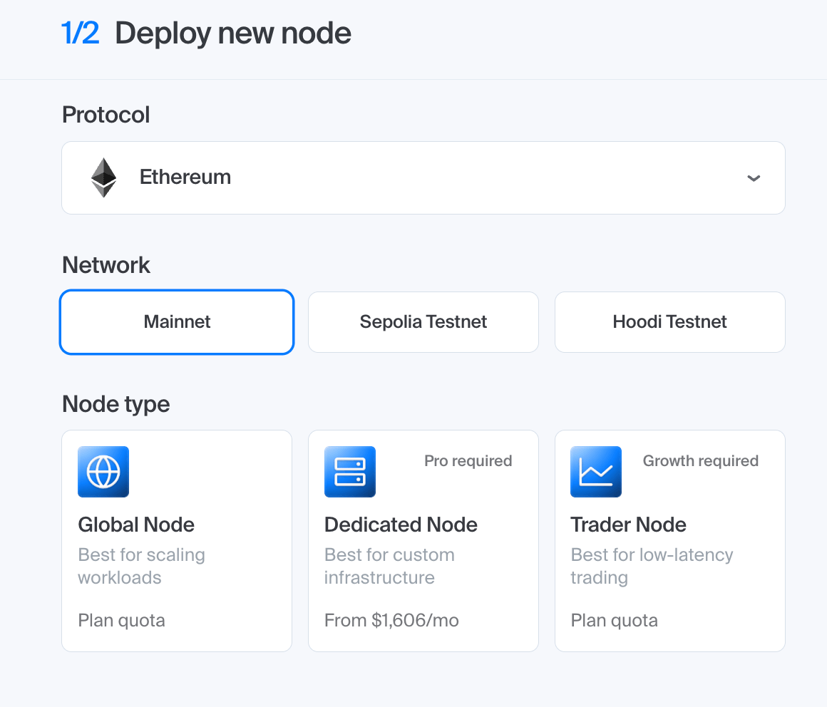 Chainstack console Deploy node dialog showing the protocol and network selection step during Grove migration