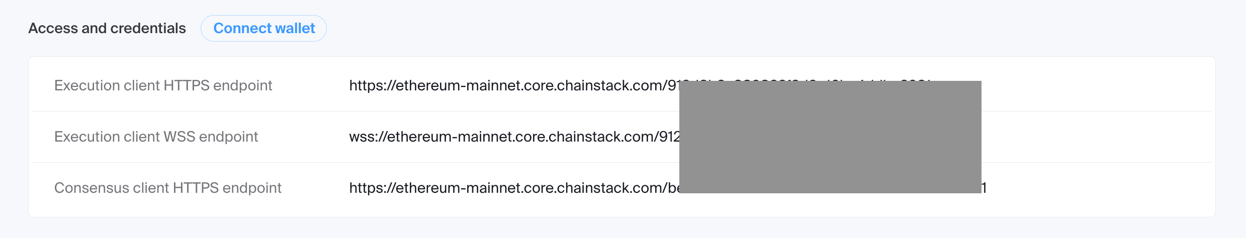 Chainstack console showing the Access and credentials tab for a deployed node, with the HTTPS endpoint URL containing an embedded auth token