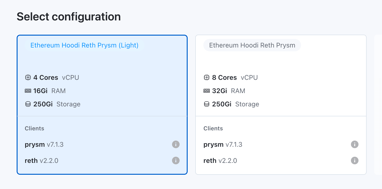 Chainstack Self-Hosted node deployment showing two configuration presets side by side: Light with 4 vCPU and 16Gi RAM selected, and Standard with 8 vCPU and 32Gi RAM, both running Prysm and Reth clients on Ethereum Hoodi