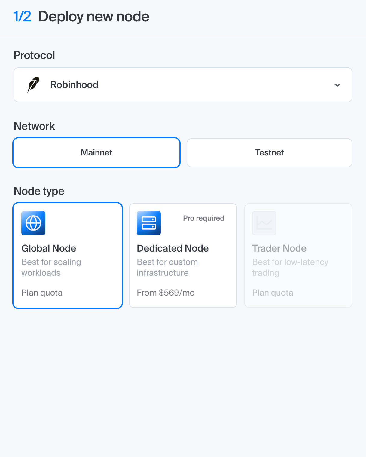 Chainstack console showing Global Node, Dedicated Node, and Trader Node options for deploying a Robinhood Chain RPC endpoint