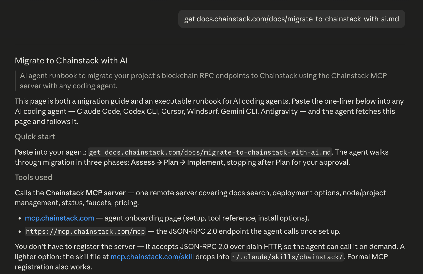 Claude Desktop displaying the Chainstack AI migration runbook after the user pasted the get docs.chainstack.com/docs/migrate-to-chainstack-with-ai.md command