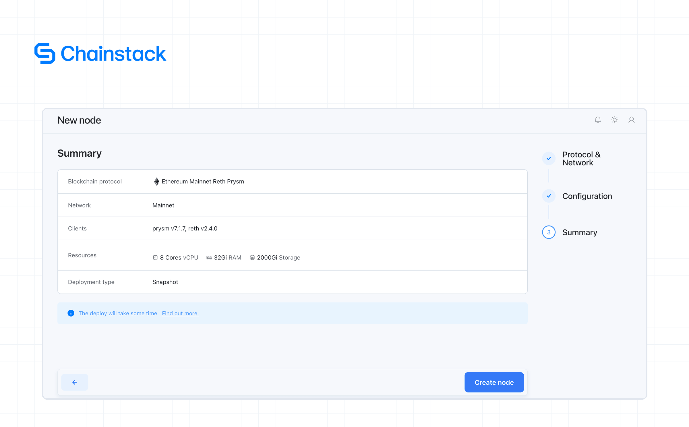 Chainstack Self-Hosted Control Panel showing the Summary step of the New node wizard. Configuration includes Ethereum Mainnet Reth Prysm preset with clients prysm v7.1.7 and reth v2.4.0, resources of 8 cores vCPU, 32Gi RAM, and 2000Gi storage, and Snapshot as the deployment type. A three-step progress indicator on the right shows Protocol & Network and Configuration completed, with Summary as the current step. A "Create node" button appears at the bottom-right.