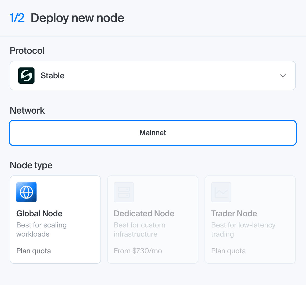 Chainstack console Deploy new node screen with Stable selected as the protocol, Mainnet as the network, and Global Node as the only enabled node type