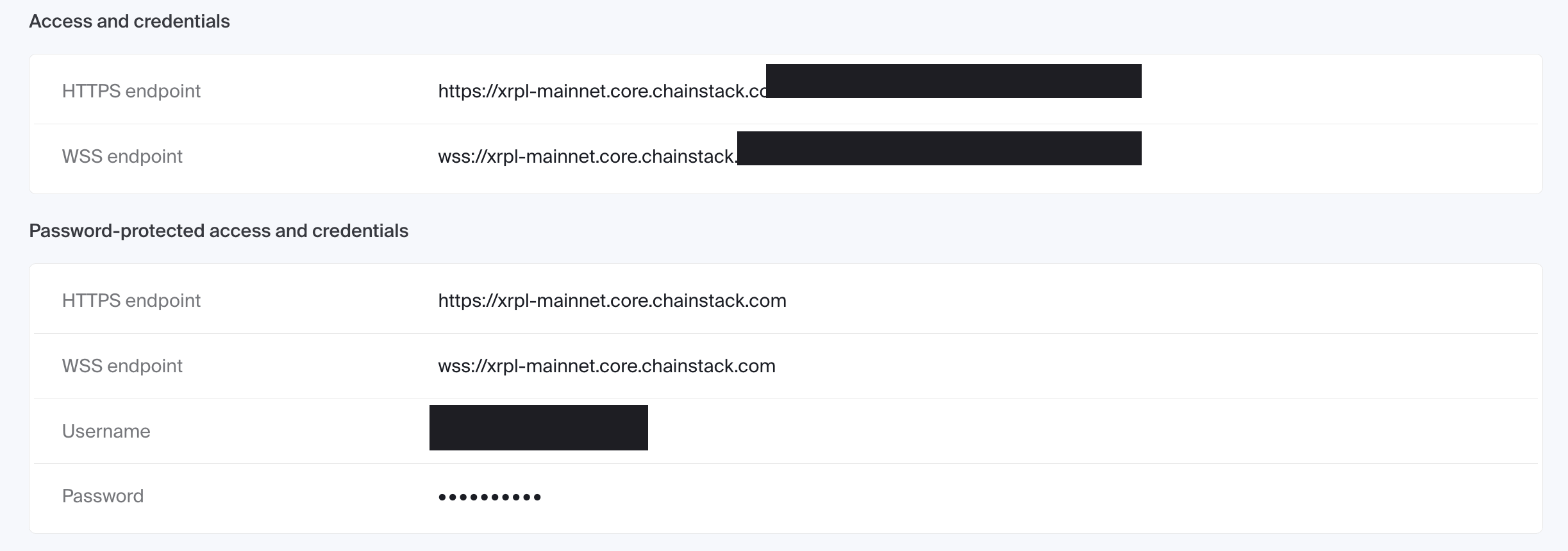 Chainstack console Access and credentials page for a deployed XRP Ledger node, showing HTTPS and WSS endpoint fields with the access token redacted