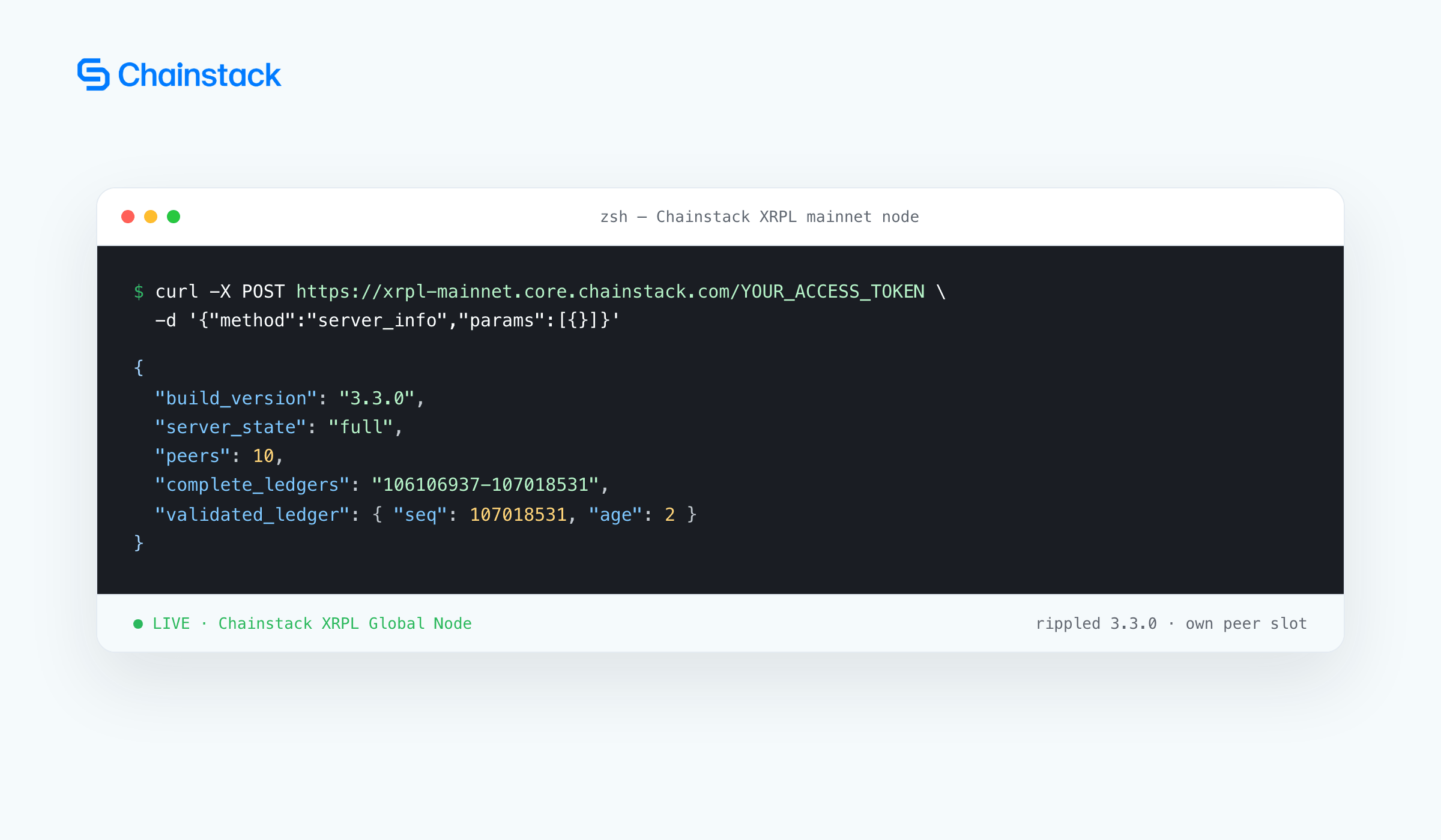 curl server_info call against a live Chainstack XRPL mainnet Global Node, showing rippled 3.3.0, full sync, and a validated ledger 2 seconds old
