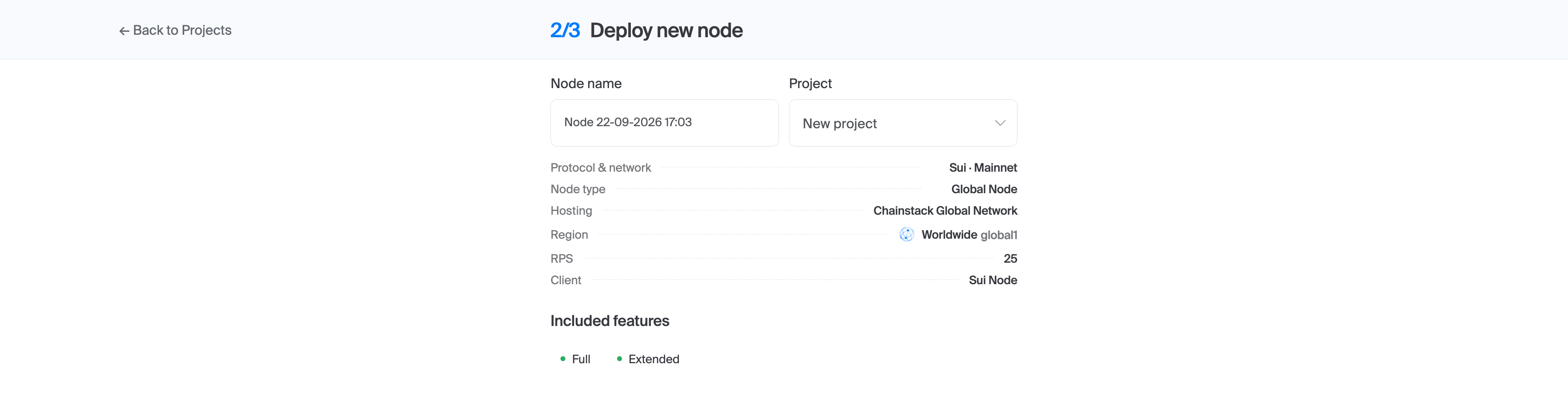 Extended badge shown in the Deploy new node wizard, next to Full, for a Sui Global Node
