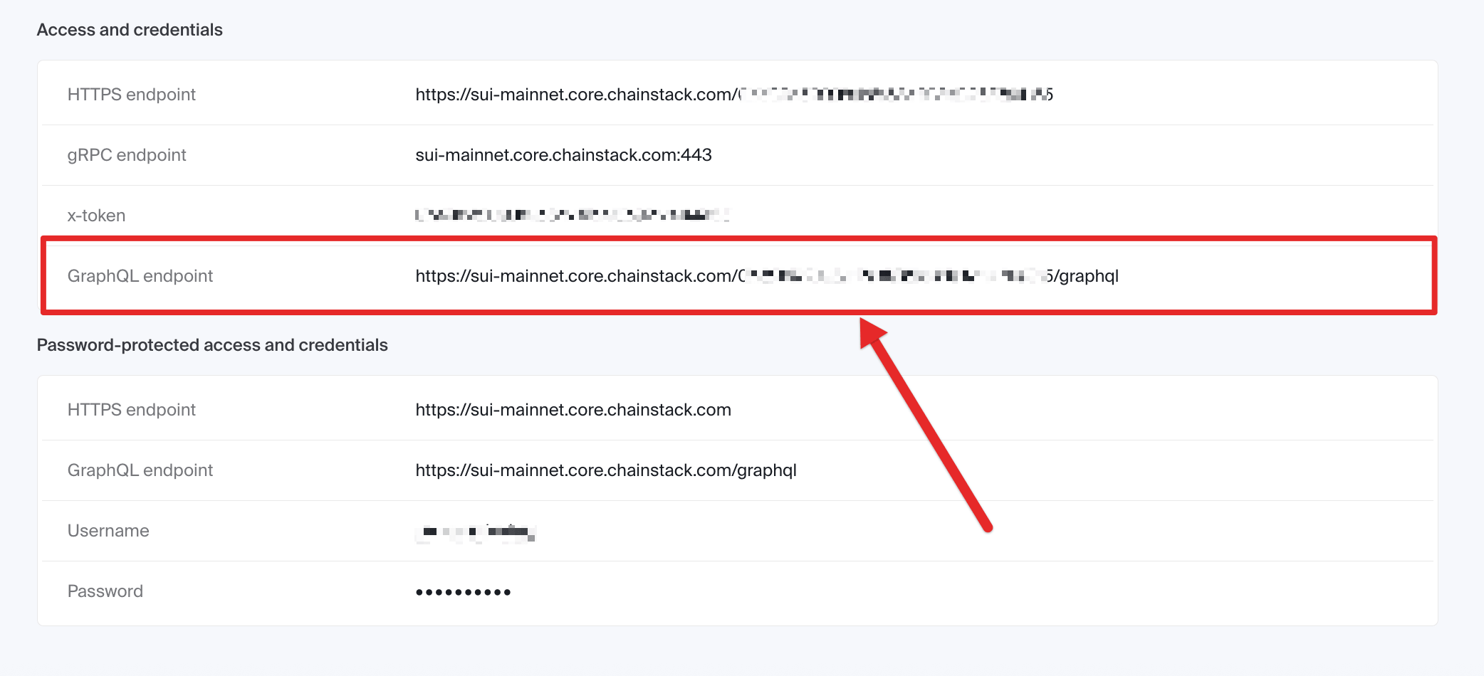Chainstack console Access and credentials for a Sui Mainnet Global Node, with the GraphQL endpoint row highlighted