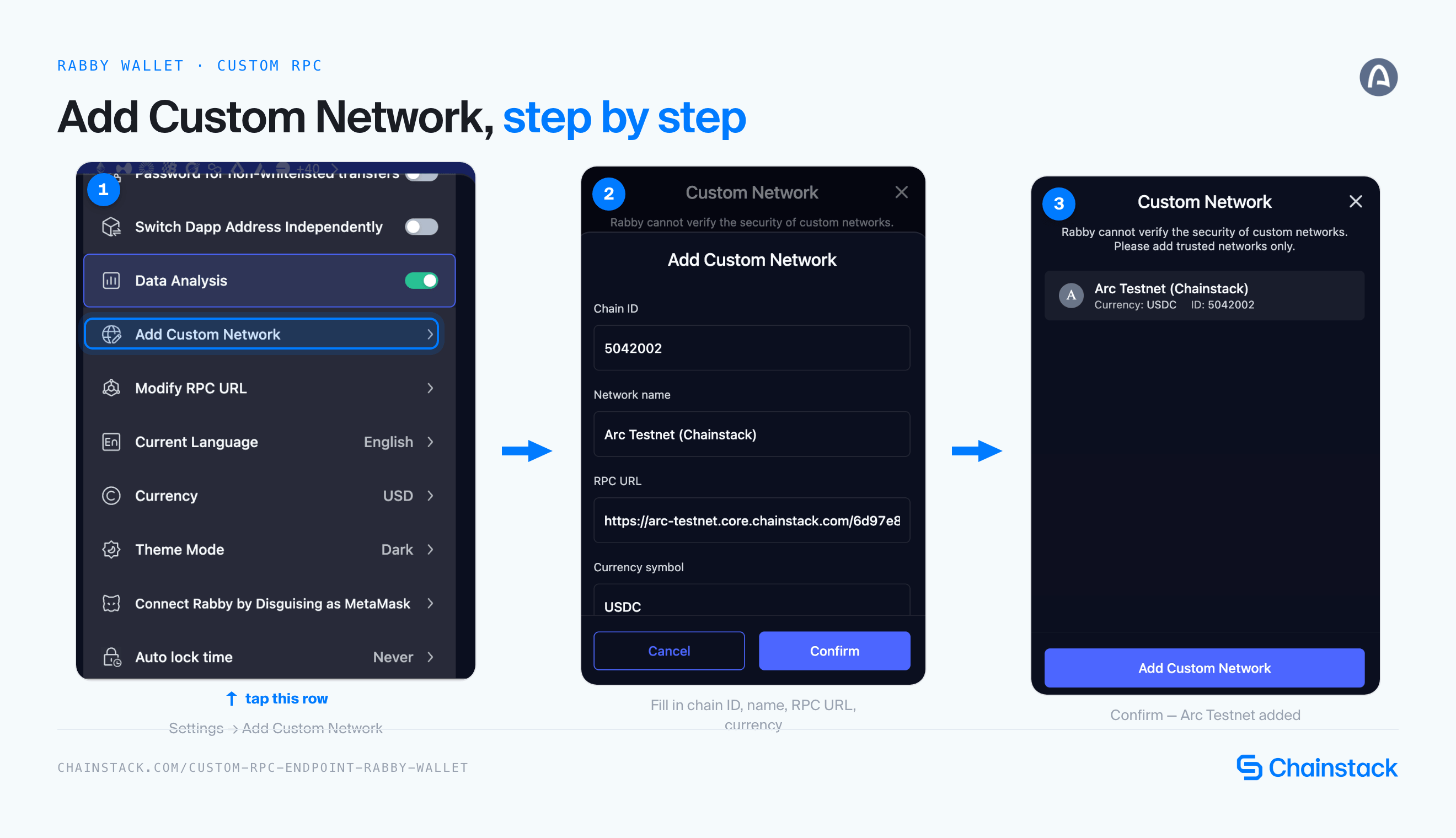 Step-by-step: adding Arc Testnet as a custom network in Rabby Wallet with a Chainstack RPC endpoint