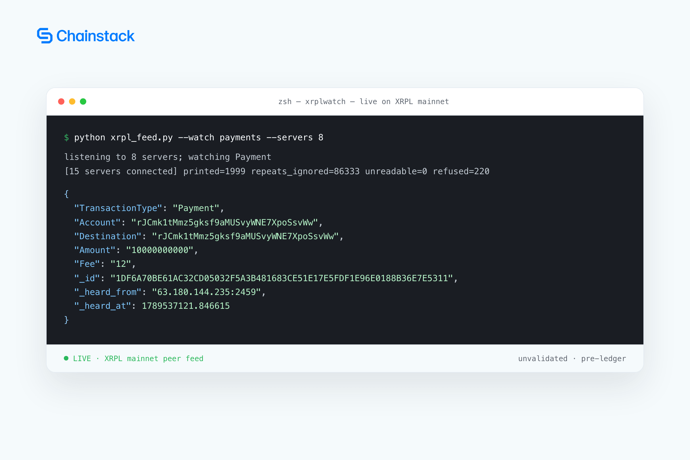 Terminal screenshot showing xrplwatch running against XRPL mainnet, with the status line and a real decoded Payment transaction