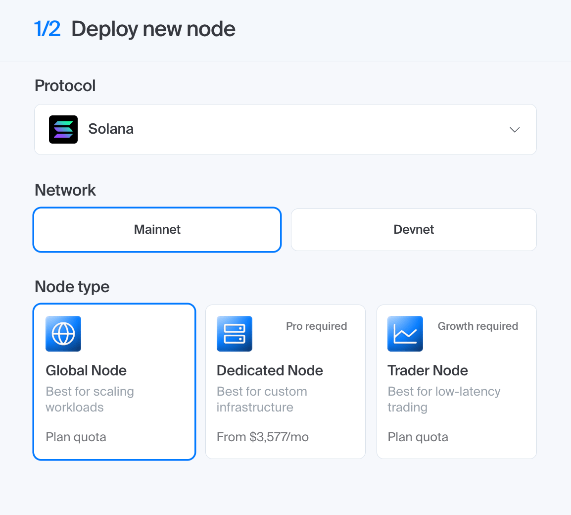 Chainstack Deploy new node screen with Solana selected, Mainnet network, and the Global, Dedicated and Trader node types