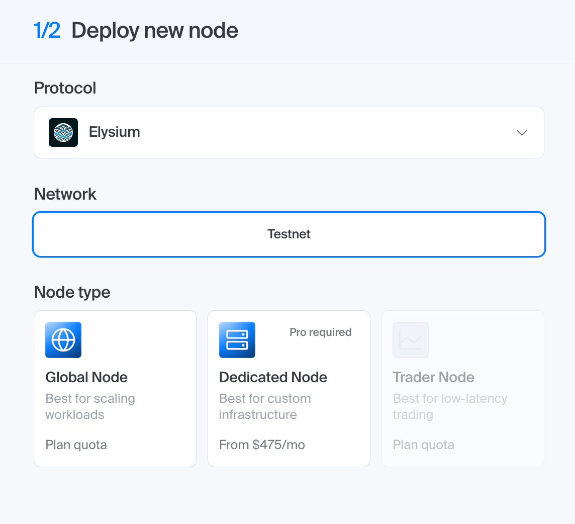 Chainstack console Deploy new node screen with Elysium selected as protocol, Testnet as network, and Global Node, Dedicated Node, and Trader Node types