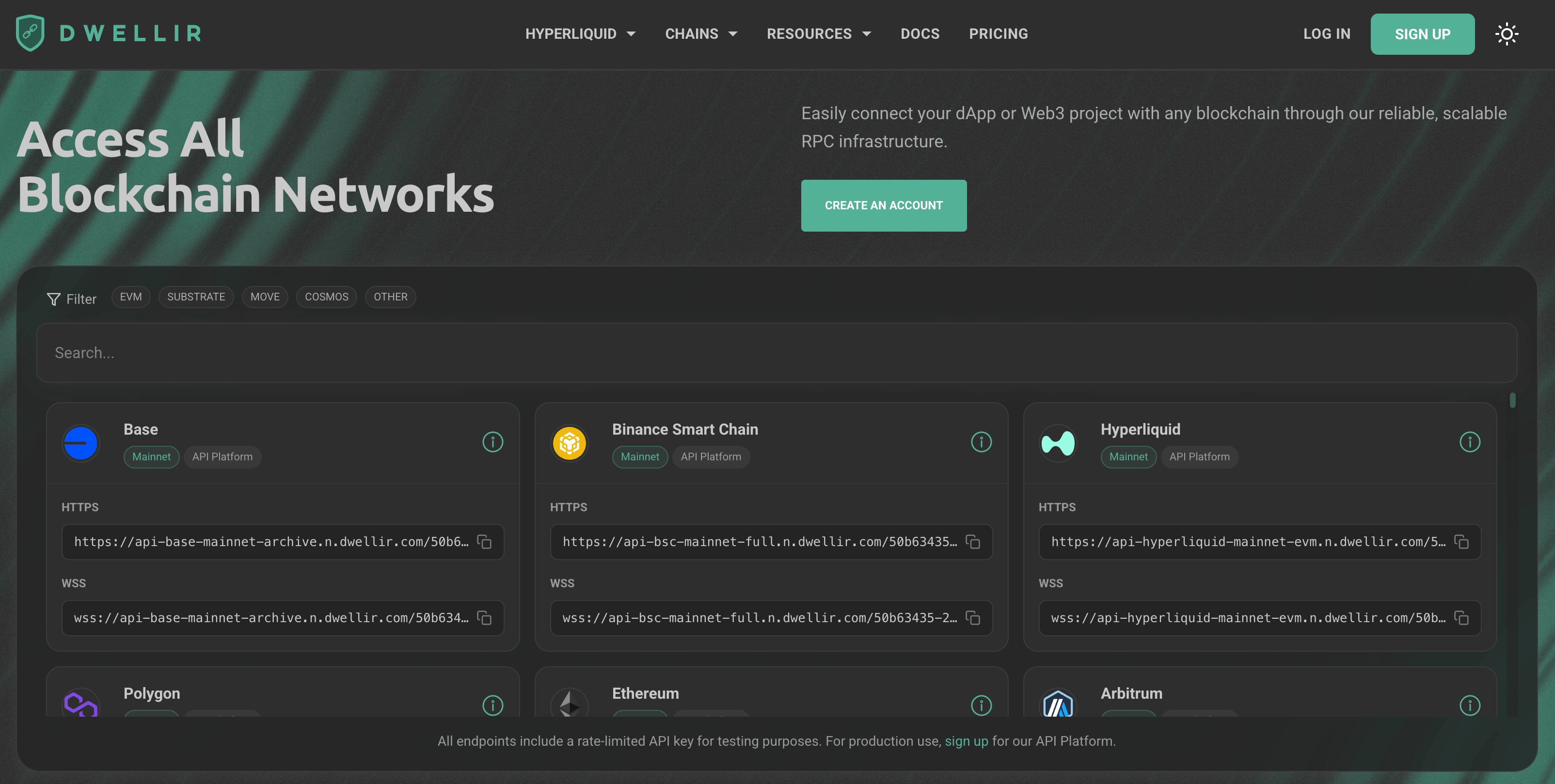 Dwellir homepage showing the endpoint catalog for Base, BNB Smart Chain, and Hyperliquid