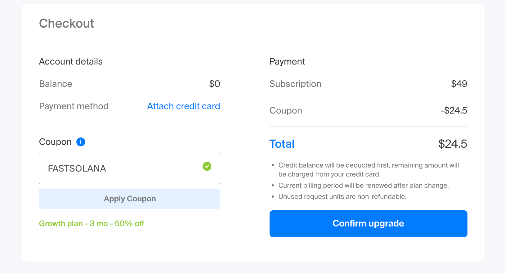 Chainstack checkout with promo code FASTSOLANA applied: Growth plan at $49 with a $24.5 coupon discount