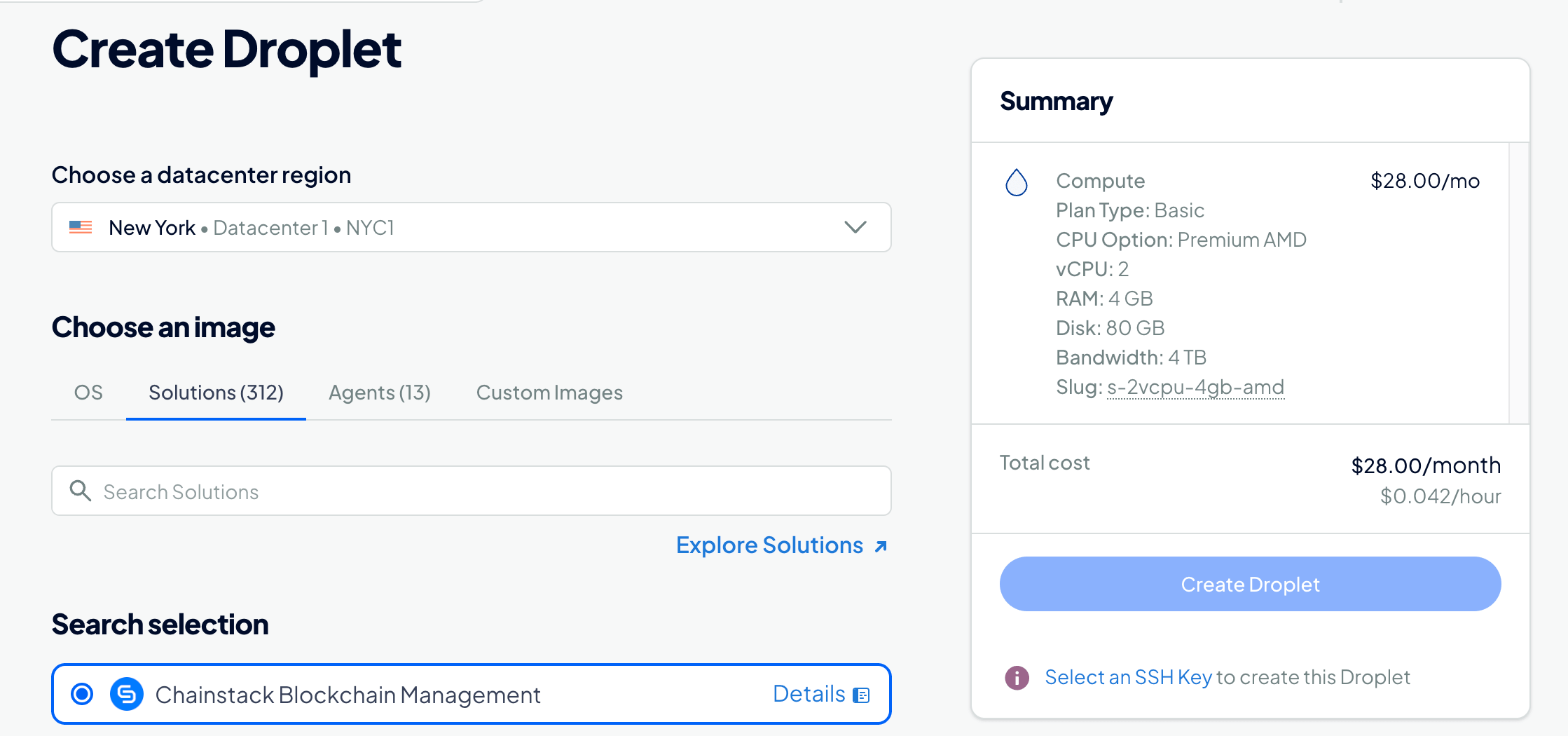 Creating a Droplet with the Chainstack Blockchain Management image in DigitalOcean