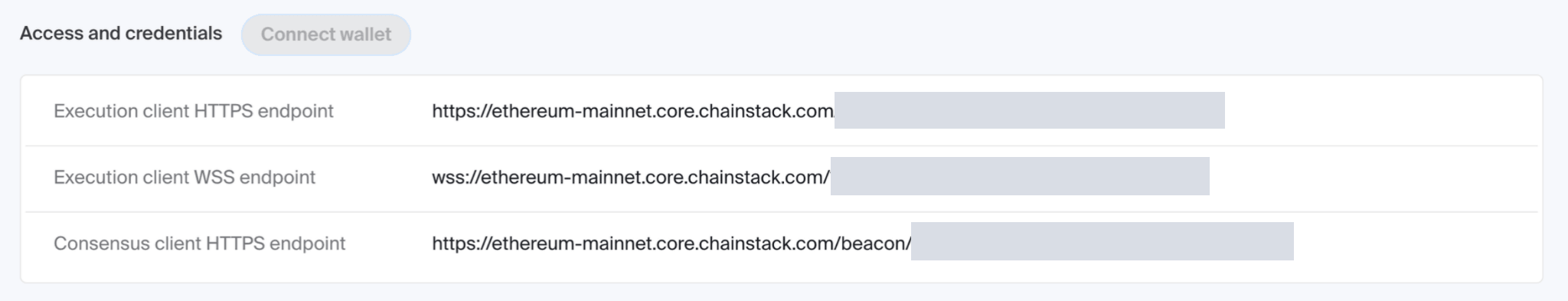 Access and credentials panel listing the execution client HTTPS and WSS endpoints and the consensus client endpoint, with the access tokens hidden