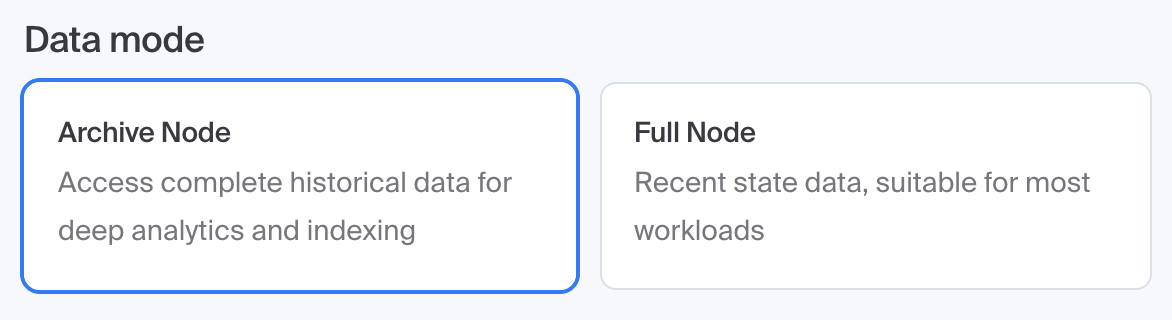 Chainstack console data mode choice with Archive Node selected next to Full Node