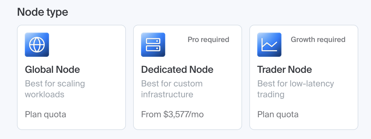 Chainstack console node type choices: Global Node, Dedicated Node (Pro required) and Trader Node (Growth required)