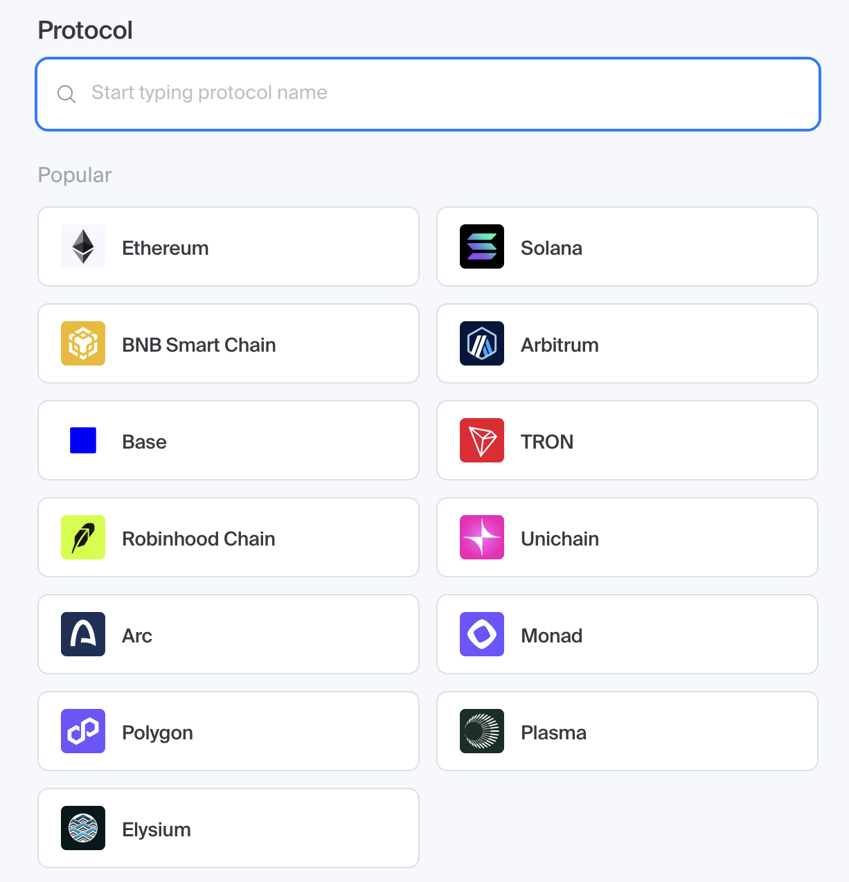 Chainstack console protocol picker listing Ethereum, Solana, BNB Smart Chain, Arbitrum, Base, TRON, Robinhood Chain and other networks