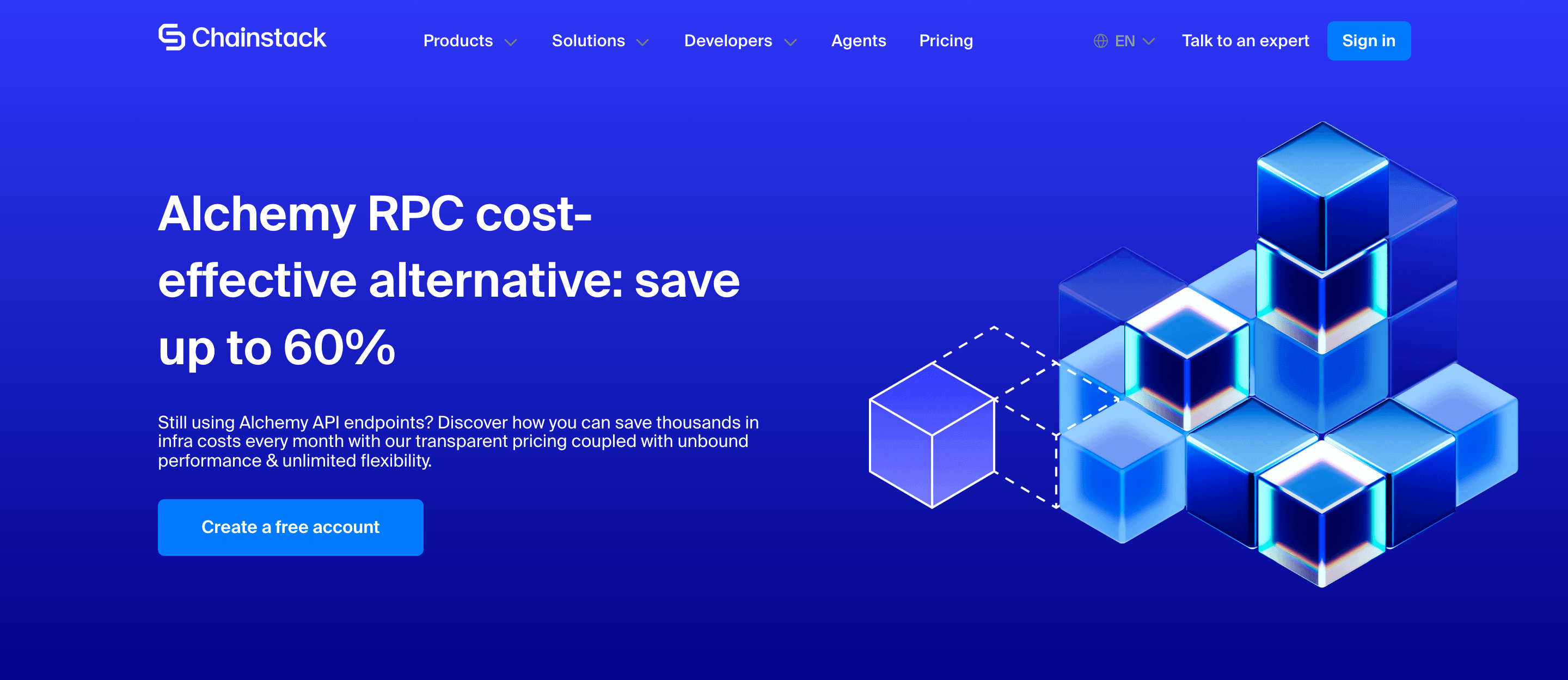 Chainstack landing page for Alchemy users: Alchemy RPC cost-effective alternative, with a Create a free account button