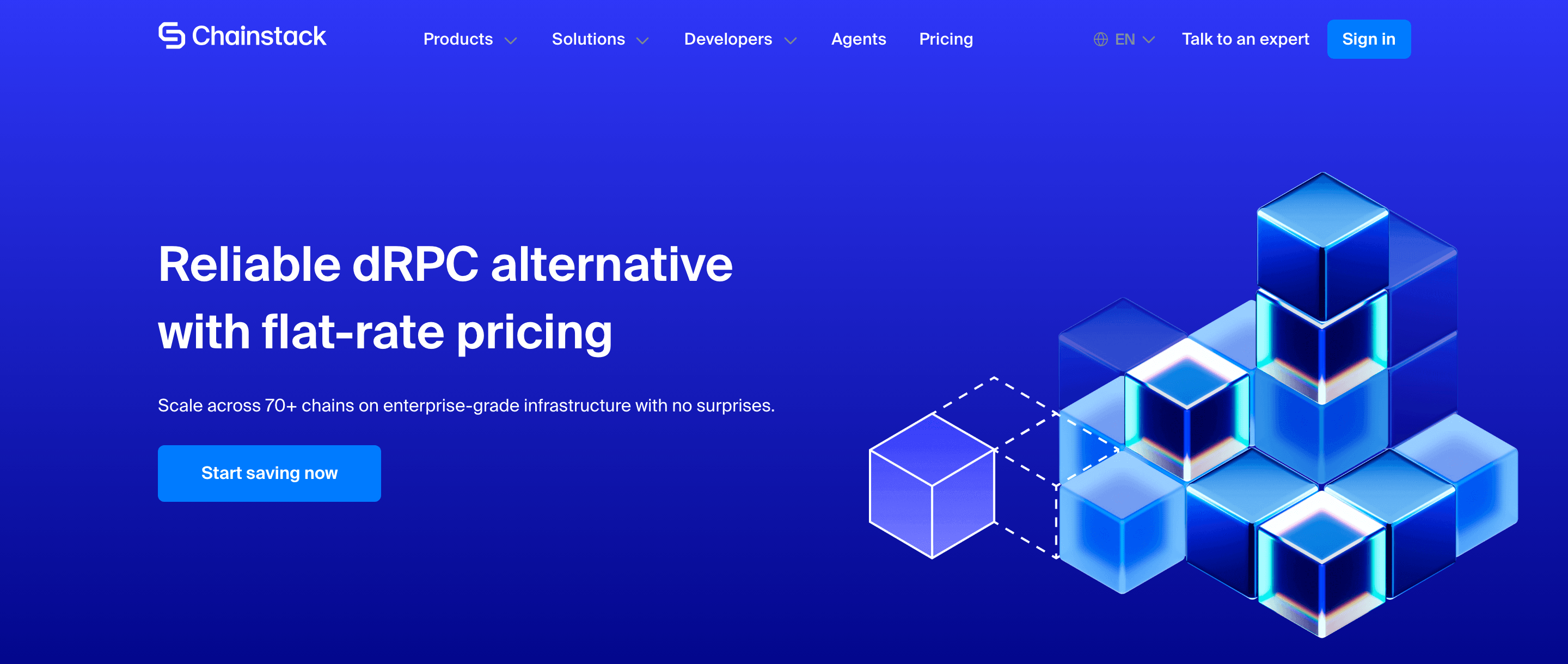 Chainstack dRPC switch page hero: headline Reliable dRPC alternative with flat-rate pricing and a Start saving now button
