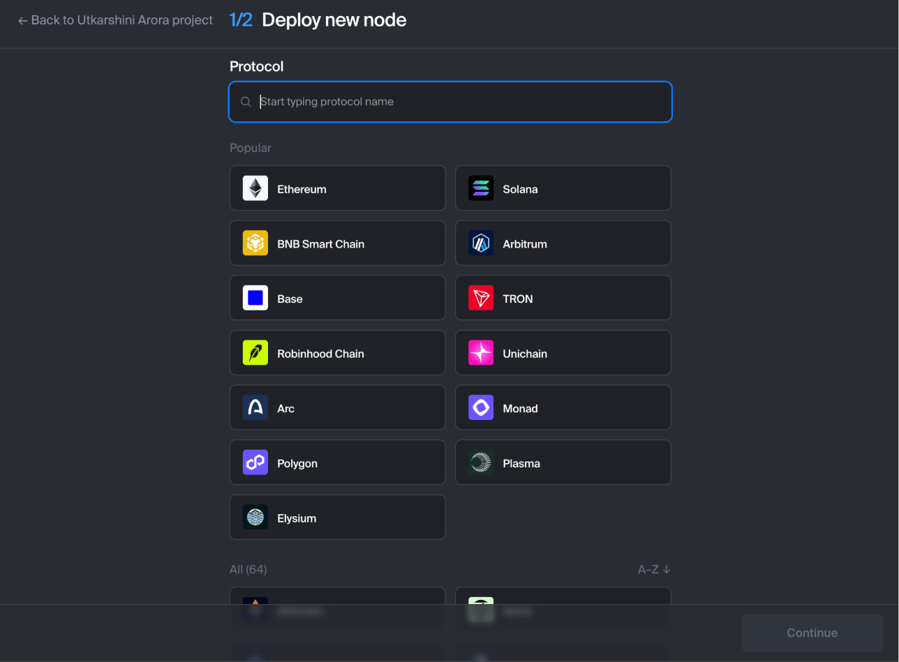 Chainstack console Deploy new node step with the protocol picker listing Ethereum, Solana, BNB Smart Chain, Arbitrum, Base, Arc and other networks