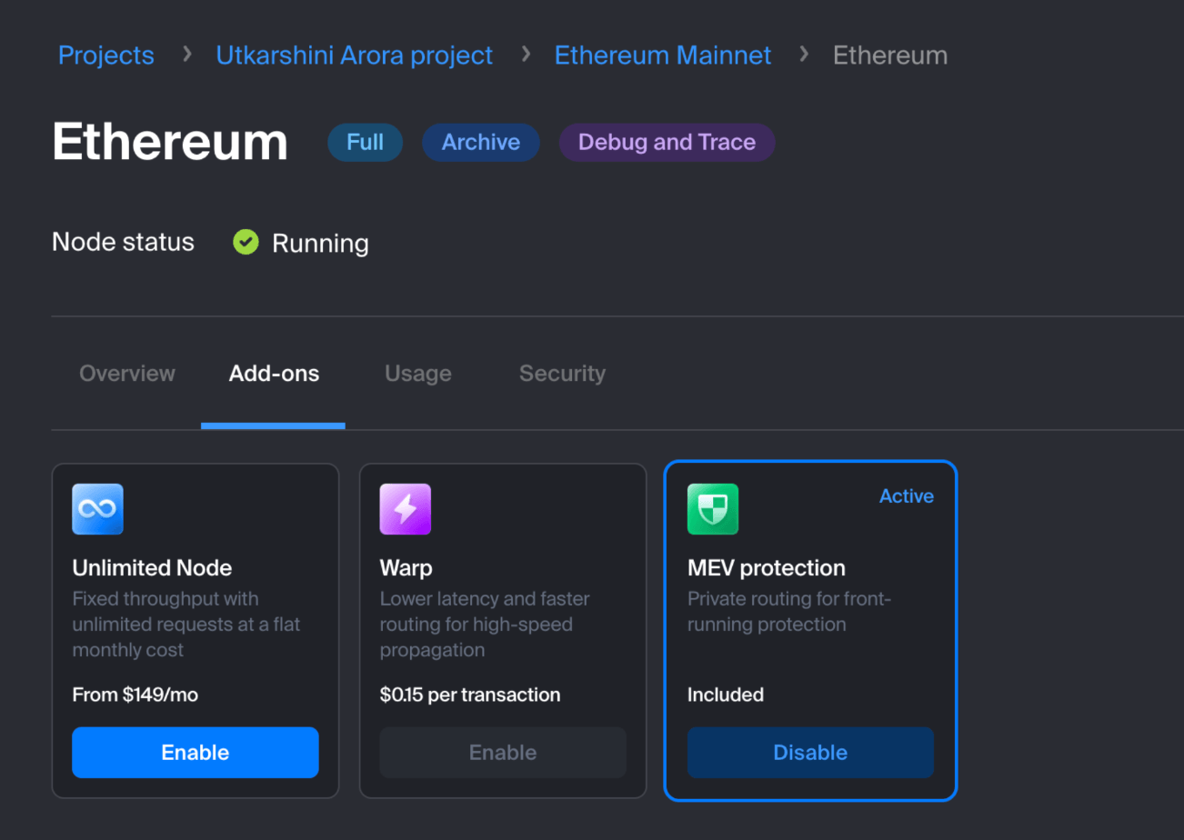 Ethereum node Add-ons tab in the Chainstack console with the MEV protection card marked Active