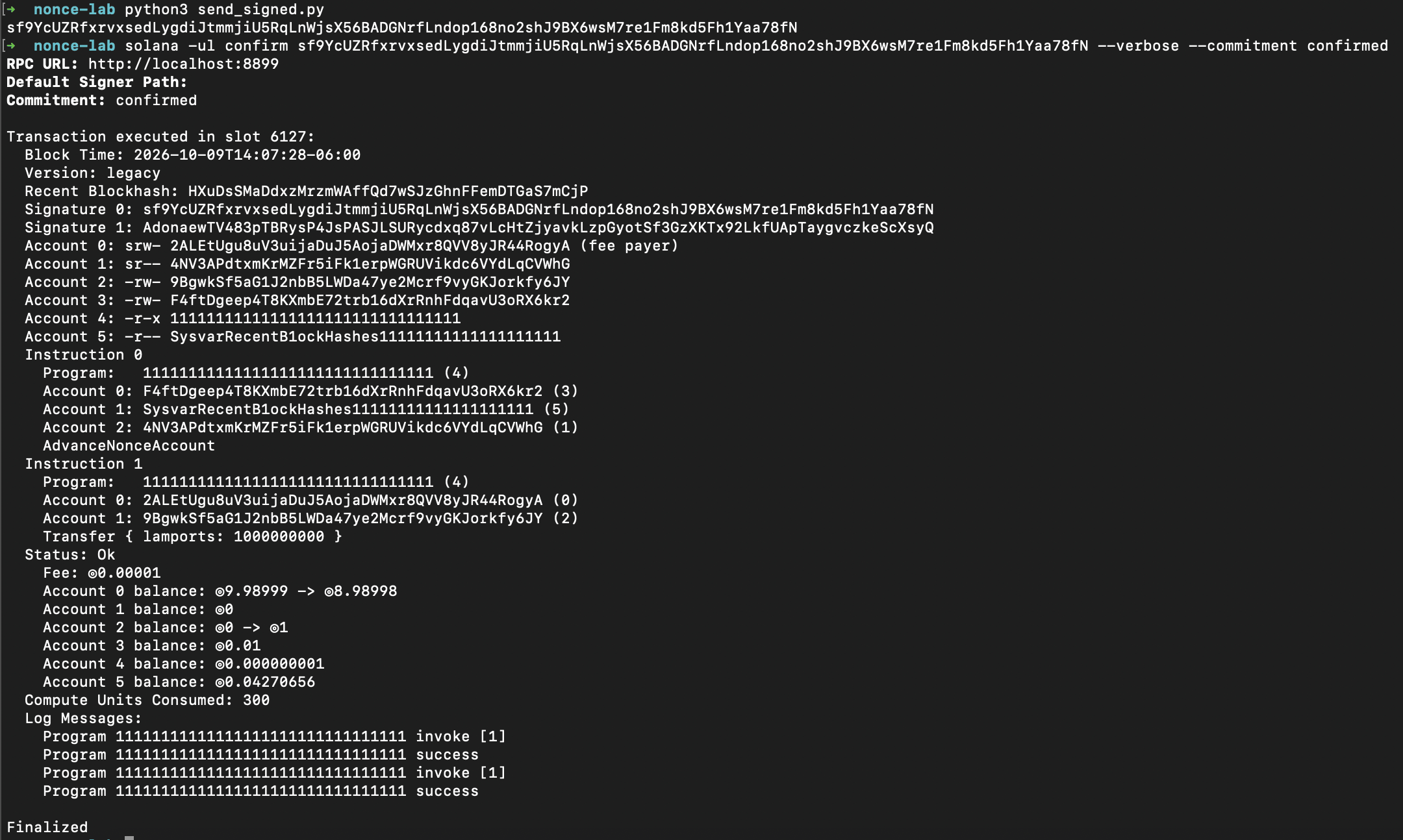 solana confirm --verbose output for the durable nonce transfer, status Ok, finalized