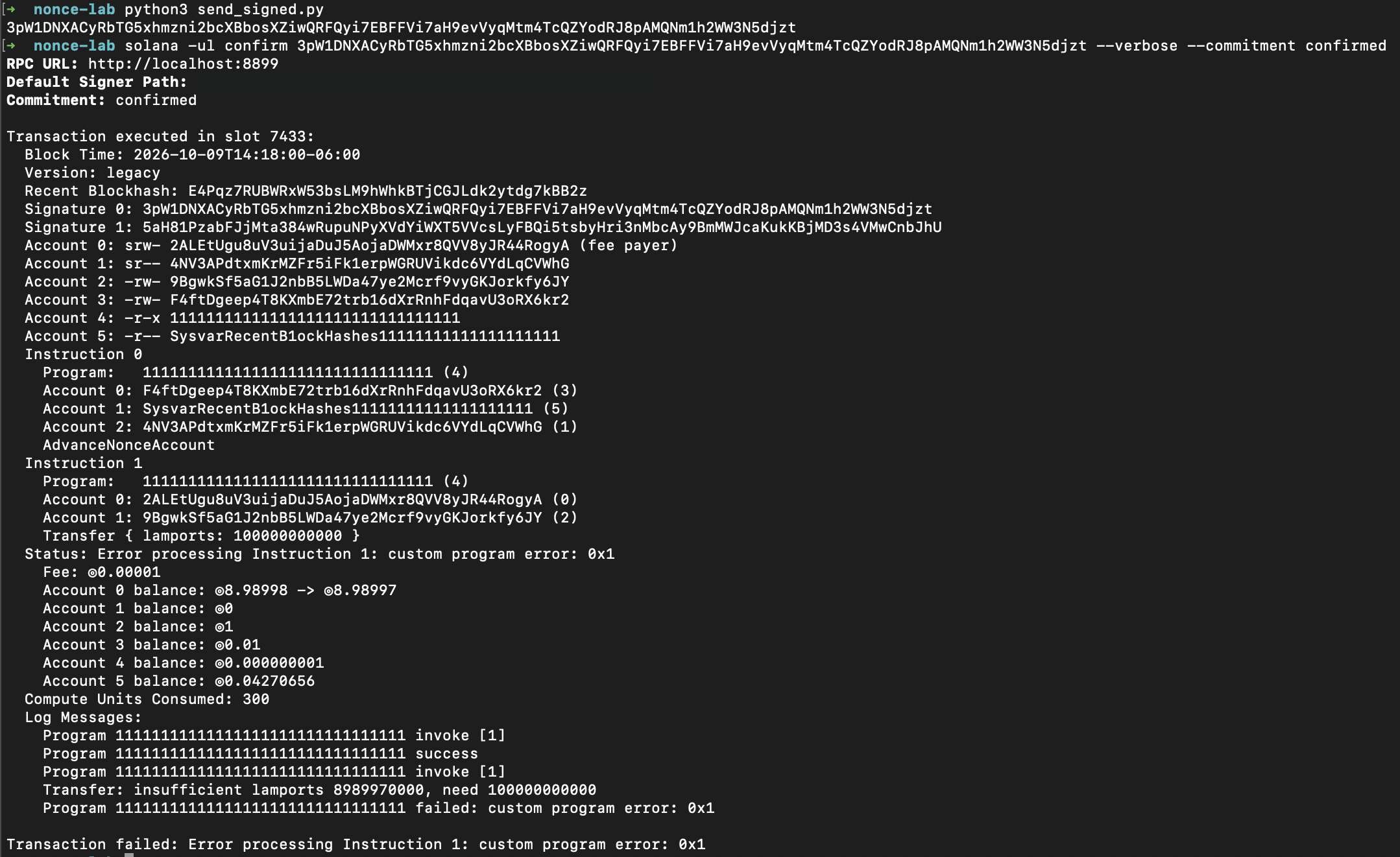 solana confirm --verbose output for the failed 100 SOL transfer, instruction 1 custom program error 0x1