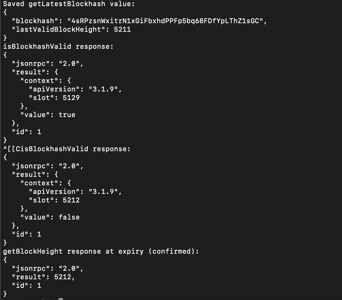 Terminal output where isBlockhashValid turns false at block height 5212 after lastValidBlockHeight 5211