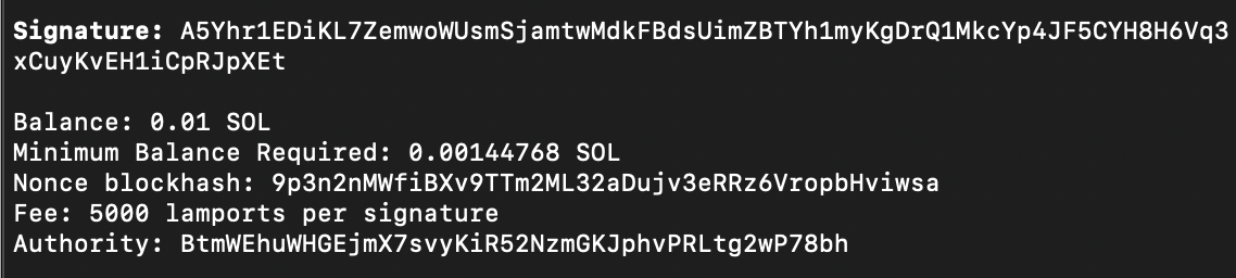 Output of solana nonce-account showing balance, minimum balance, stored nonce, fee rate and authority
