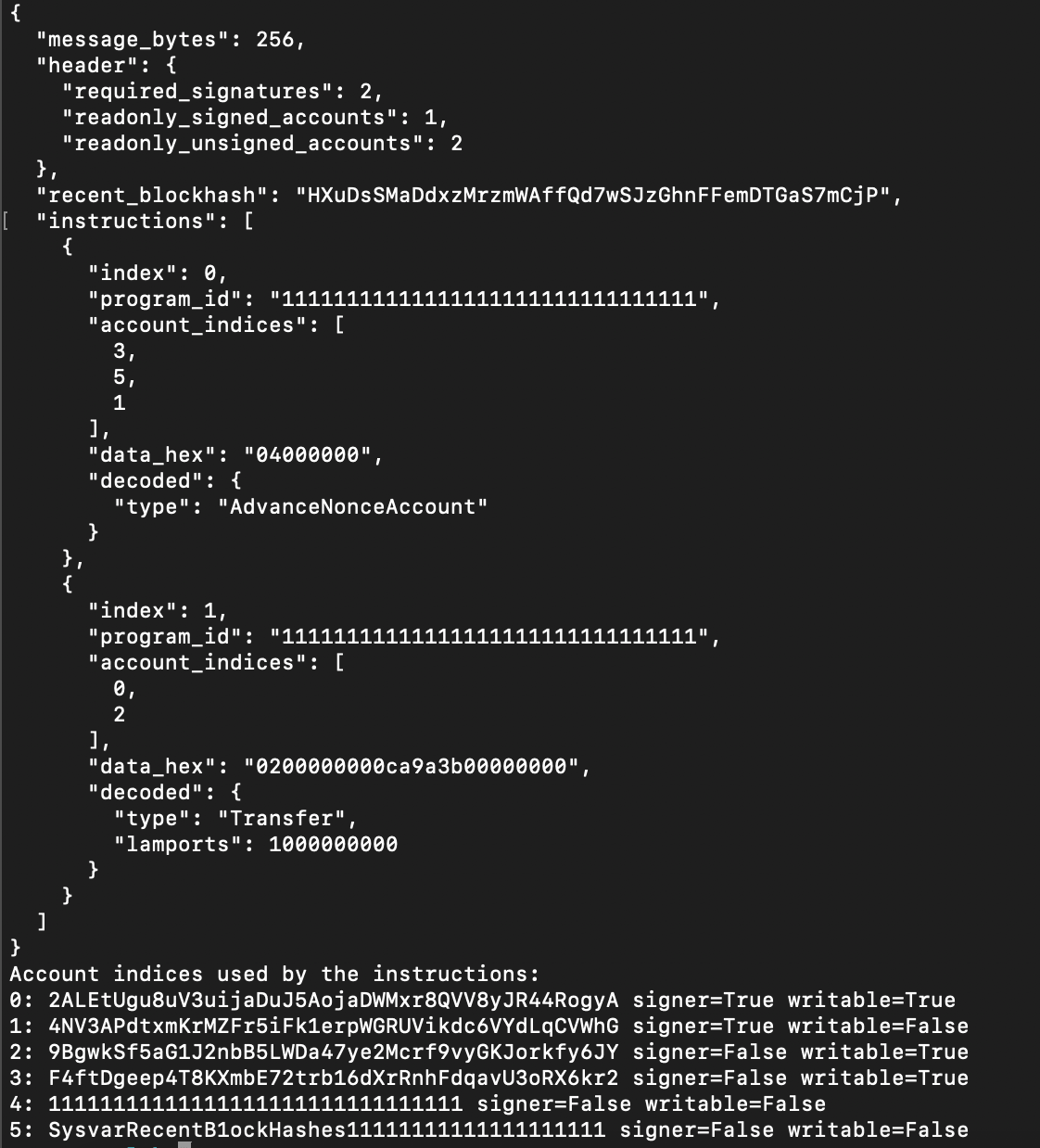 Decoded legacy message with header 2, 1, 2, an AdvanceNonceAccount instruction and a Transfer instruction