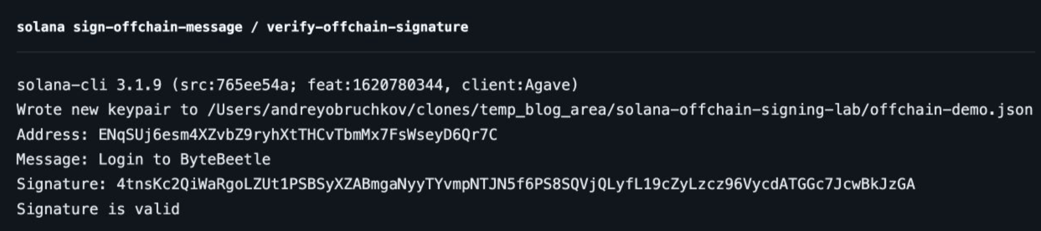 Terminal output of solana sign-offchain-message and verify-offchain-signature: the CLI version, the new keypair file, the address, the message 'Login to ByteBeetle', the signature, and 'Signature is valid'