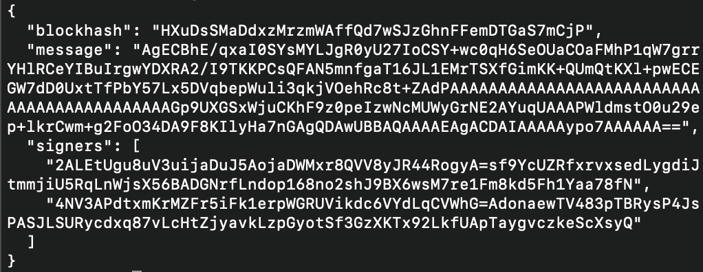 Output of solana transfer with --sign-only containing the blockhash, base64 message and two signers